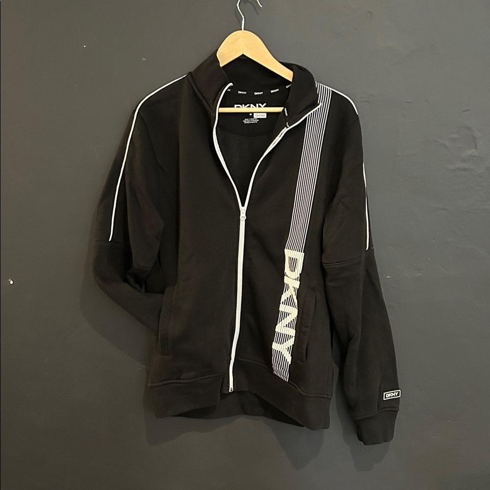 DKNY Black Full Zip Track Jacket Logo Stripe Size Medium